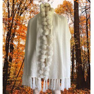 Nouveau Riche Rabbit Fur Pom Pom Knit Scarf Shawl​​​​​​​​